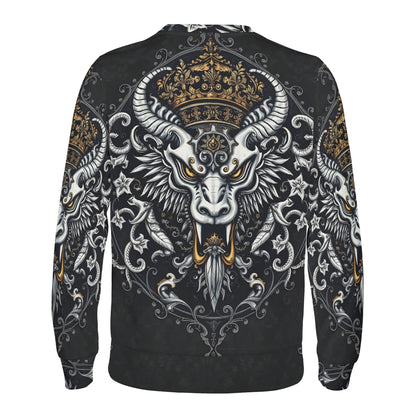 Back view black sweatshirt with ornate crowned horned motif Shadowed Splendor Poly French Terry Sweatshirt Limited Edition