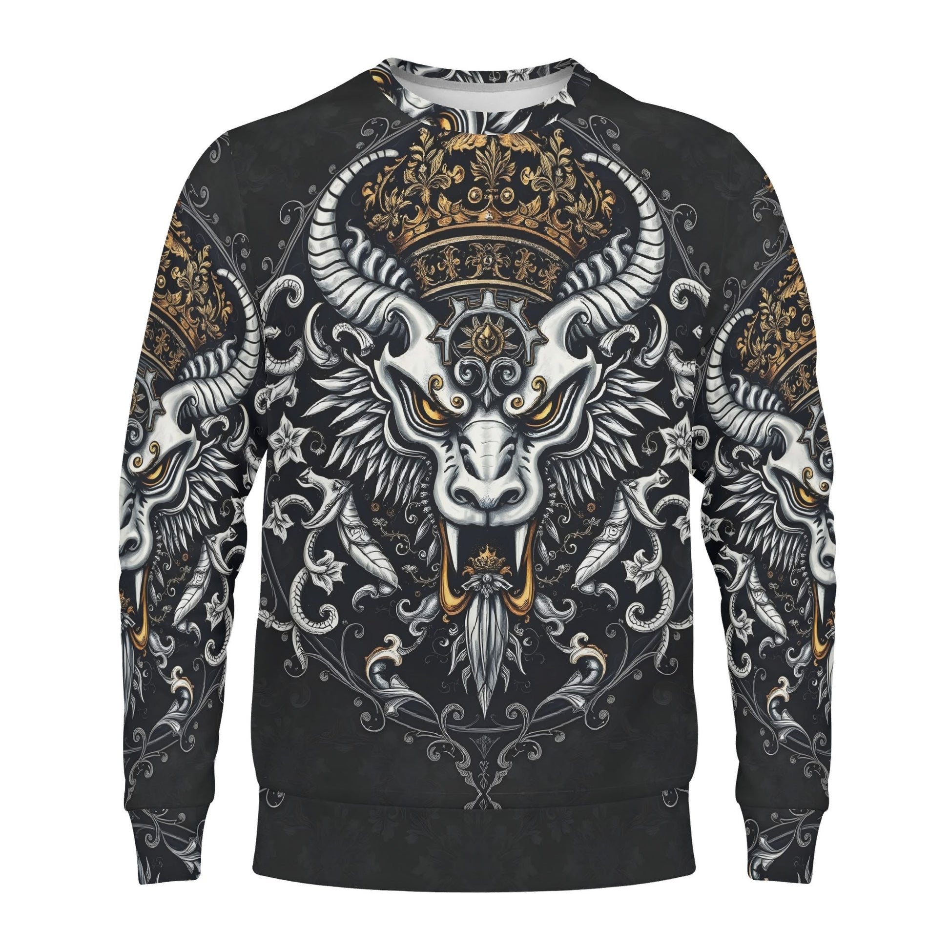 Shadowed Splendor Poly French Terry Sweatshirt Limited Edition unisex sweater with ornate crowned horned beast design