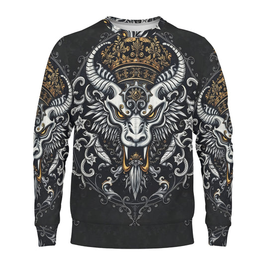 Shadowed Splendor Poly French Terry Sweatshirt Limited Edition unisex sweater with ornate crowned horned beast design