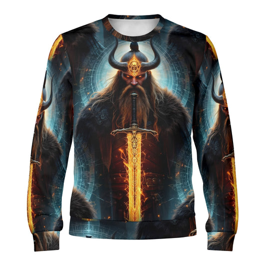 The Vikings Omen Poly French Terry Sweatshirt unisex featuring a horned Viking with glowing sword and blue orange design