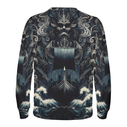 The Allfathers Wake Cotton Terry Sweatshirt unisex back view Viking ship stormy waves and Norse skull design