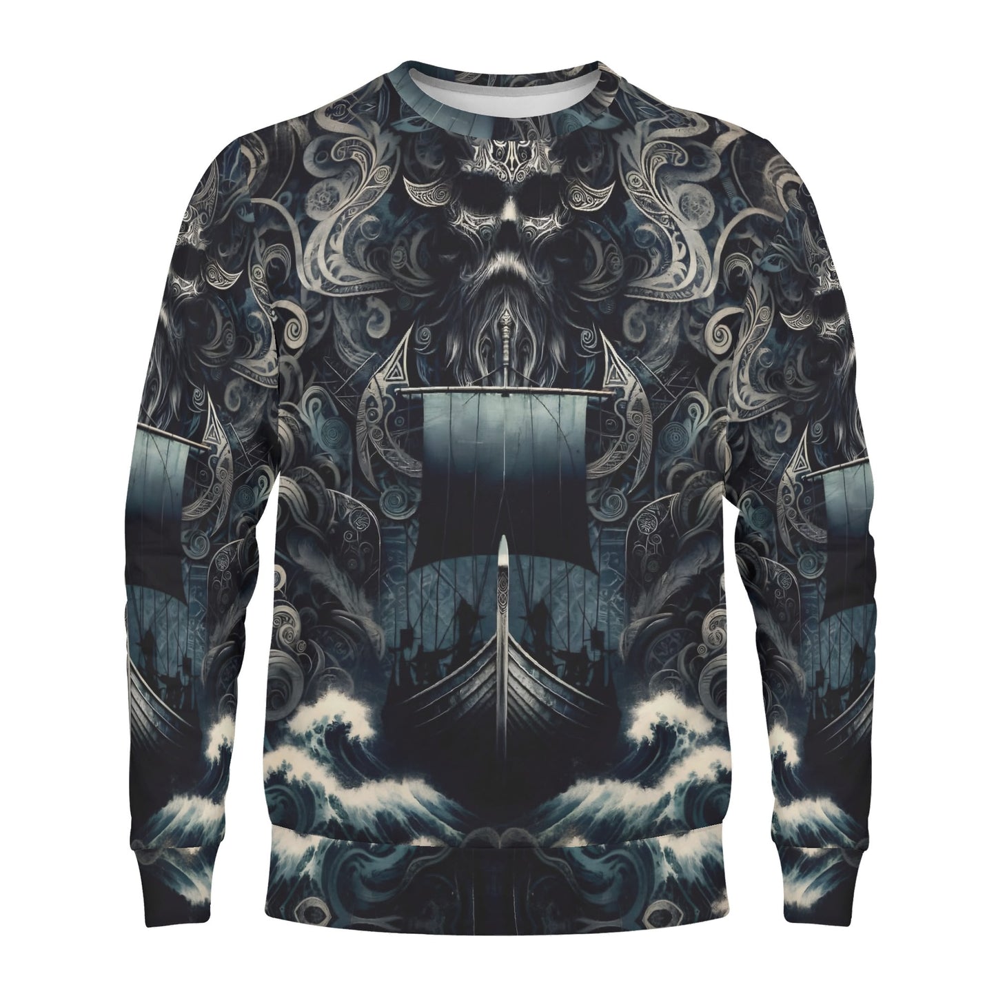 Loud and Lethal unisex sweater The Allfathers Wake Cotton Terry Sweatshirt with Viking ship skull and ocean waves print