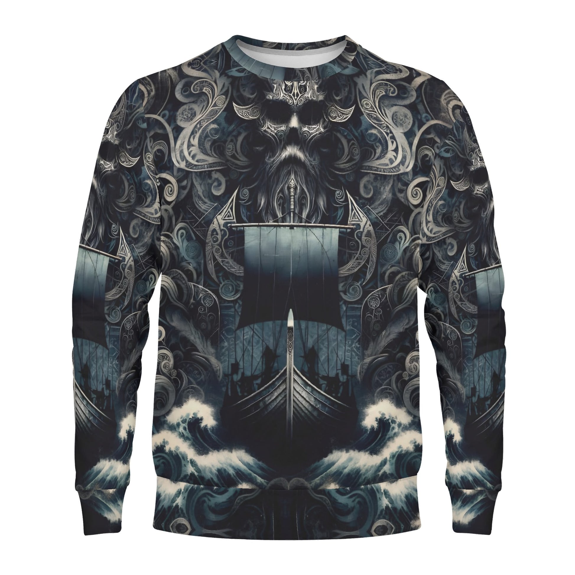 Loud and Lethal unisex sweater The Allfathers Wake Cotton Terry Sweatshirt with Viking ship skull and ocean waves print