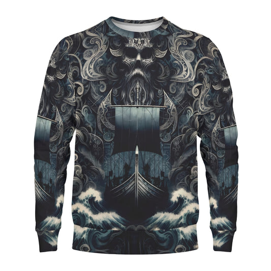 Loud and Lethal unisex sweater The Allfathers Wake Cotton Terry Sweatshirt with Viking ship skull and ocean waves print