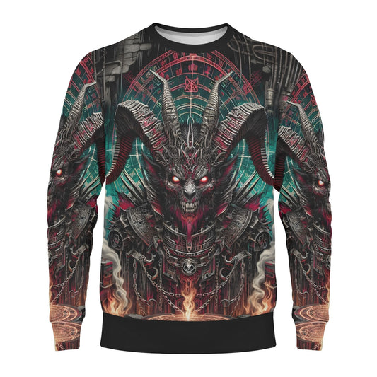 Loud and Lethal unisex sweater Mythical Monsters Baphomet Cotton Terry Sweatshirt featuring demonic goat head and fiery armor