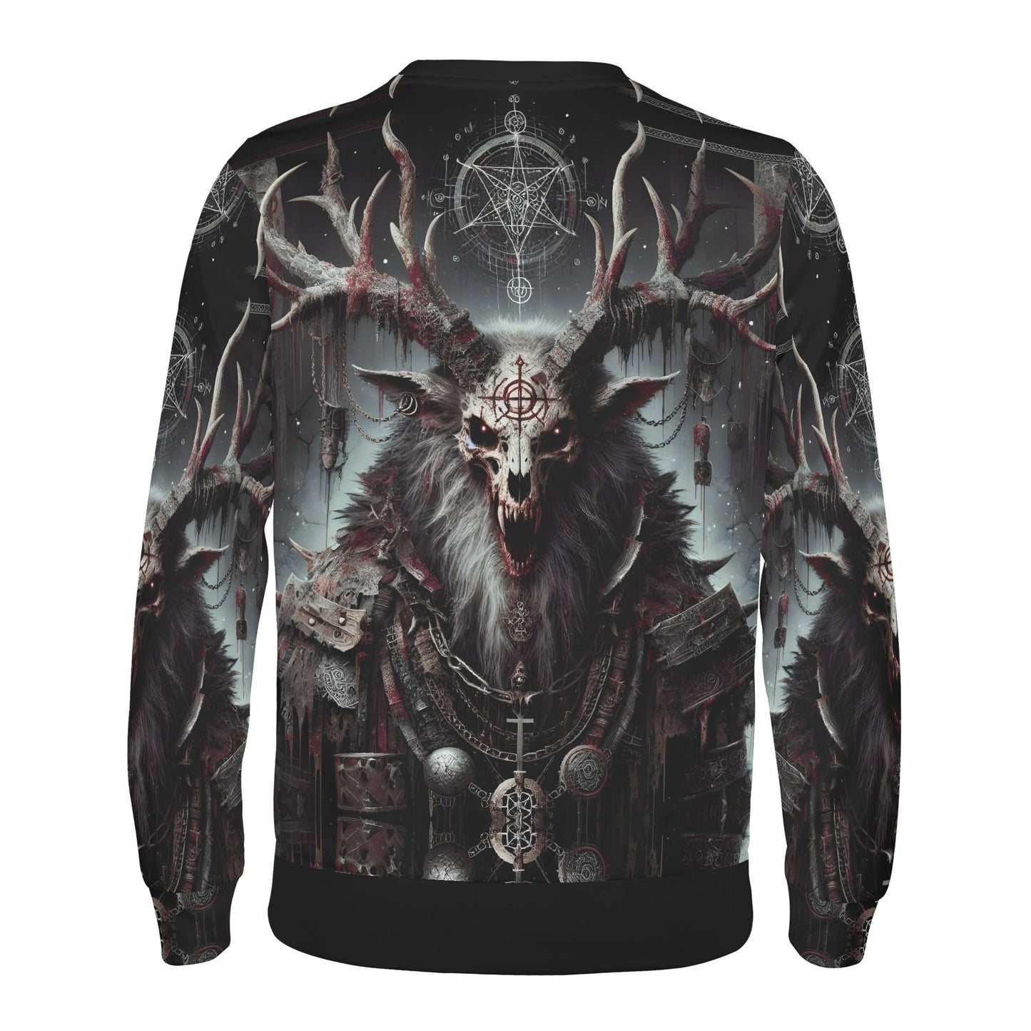Mythical Monsters Wendigo Poly French Terry Sweatshirt unisex showing antlered skull creature with occult symbols