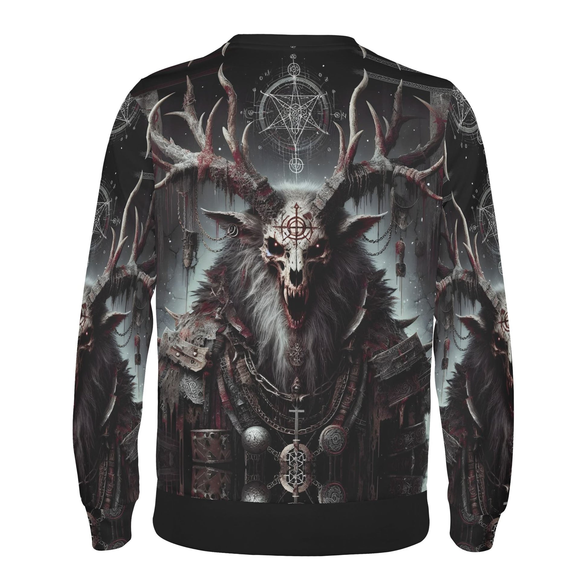 Mythical Monsters Wendigo Poly French Terry Sweatshirt unisex showing antlered skull creature with occult symbols