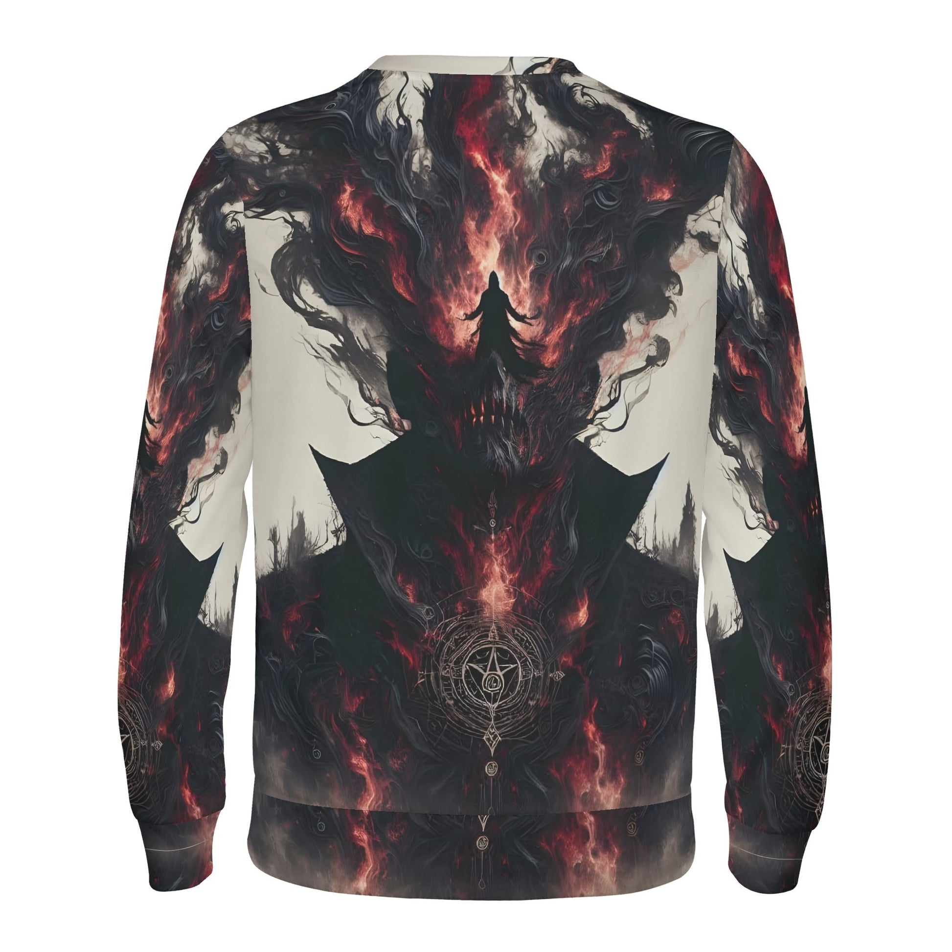 Loud and Lethal Heretics Embrace Poly French Terry Sweatshirt unisex back view with dark fiery occult demon design