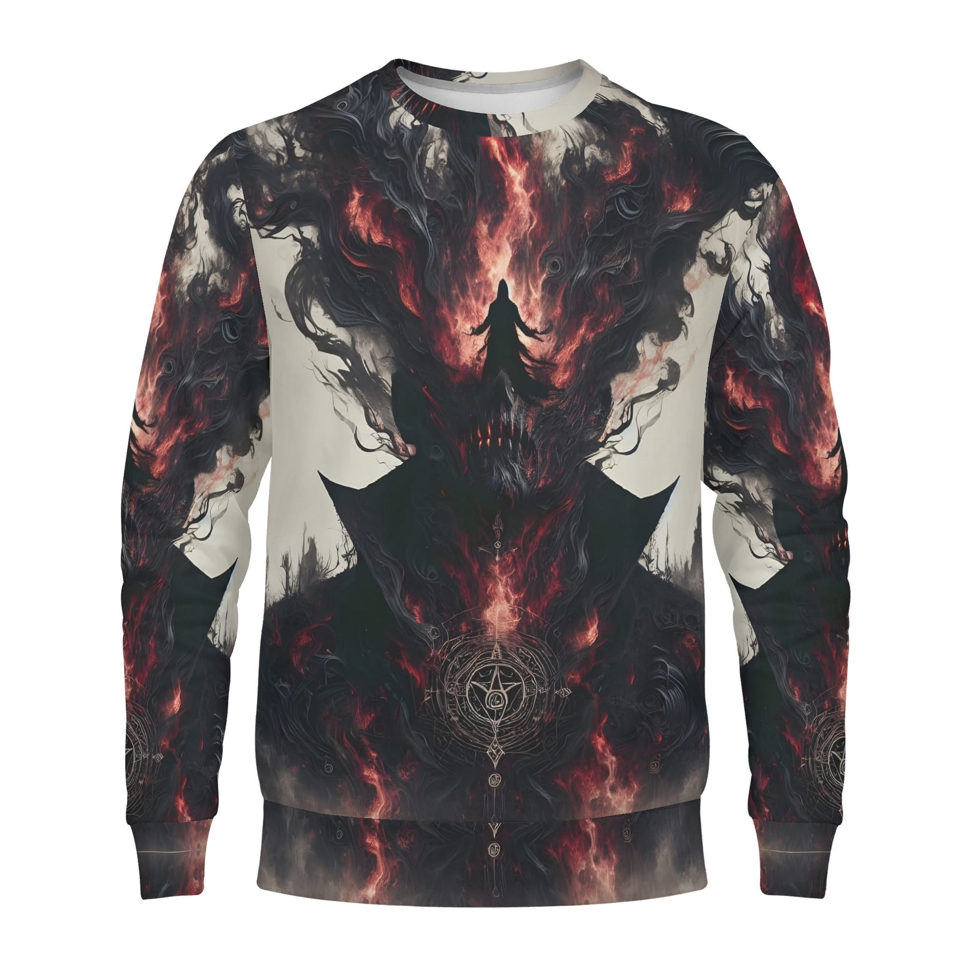 Heretics Embrace Poly French Terry Sweatshirt unisex Loud and Lethal Gothic black red flame design with occult sigil