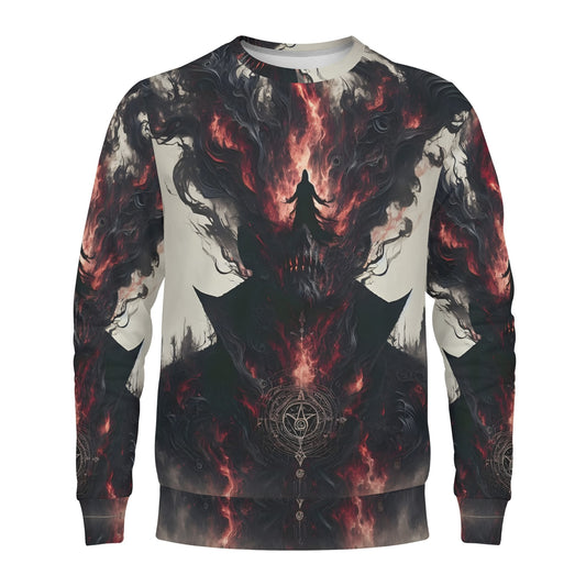 Heretics Embrace Poly French Terry Sweatshirt unisex Loud and Lethal Gothic black red flame design with occult sigil
