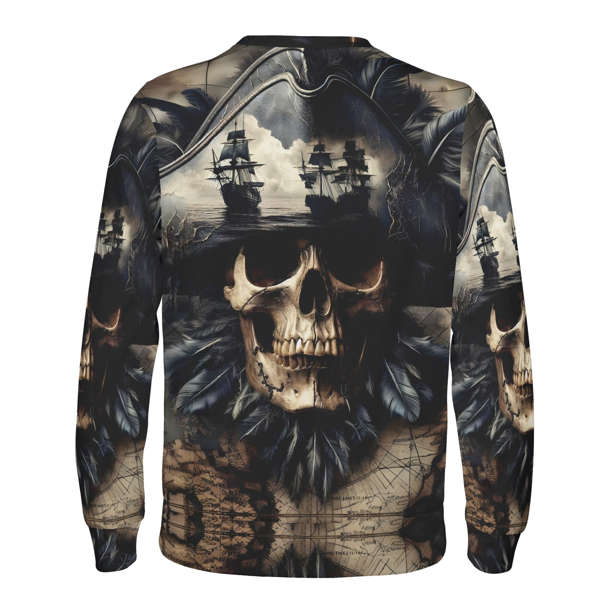Skull and Sea Poly French Terry Sweatshirt unisex back view featuring pirate skull with ships map and feathers