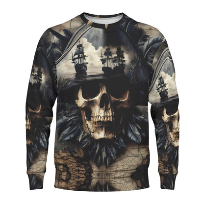 Skull and Sea Poly French Terry Sweatshirt by Loud and Lethal unisex sweater featuring skull sailing ships and vintage map