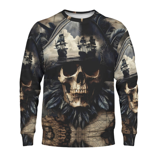 Skull and Sea Poly French Terry Sweatshirt by Loud and Lethal unisex sweater featuring skull sailing ships and vintage map