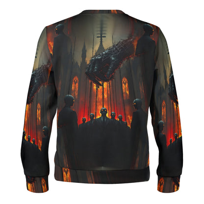 Back view Loud and Lethal unisex sweater with Puppetmasters Reign Poly French Terry Sweatshirt dark puppet and fiery gothic artwork
