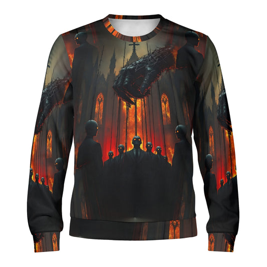 Loud and Lethal Puppetmasters Reign Poly French Terry Sweatshirt unisex sweater with dark cathedral puppets and fiery background