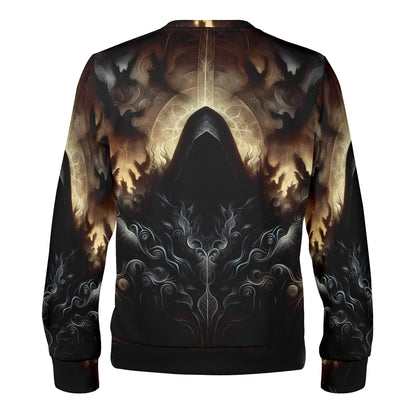 The Omen Bearer Poly French Terry Sweatshirt unisex black pullover with hooded reaper graphic and gold filigree art