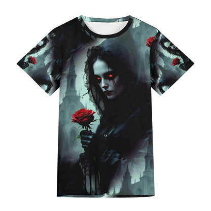 Paint It Black Lycra T-Shirt featuring dark gothic design with glowing red eyes woman holding a red rose