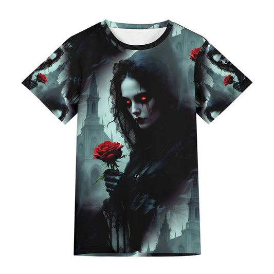 Paint It Black Lycra T-Shirt featuring dark gothic design with glowing red eyes woman holding a red rose