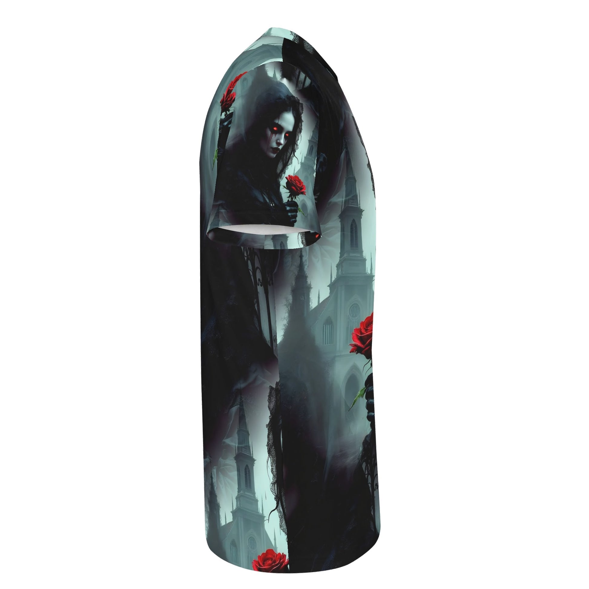 Loud and Lethal Paint It Black Lycra T-Shirt with gothic design featuring dark figure and red roses