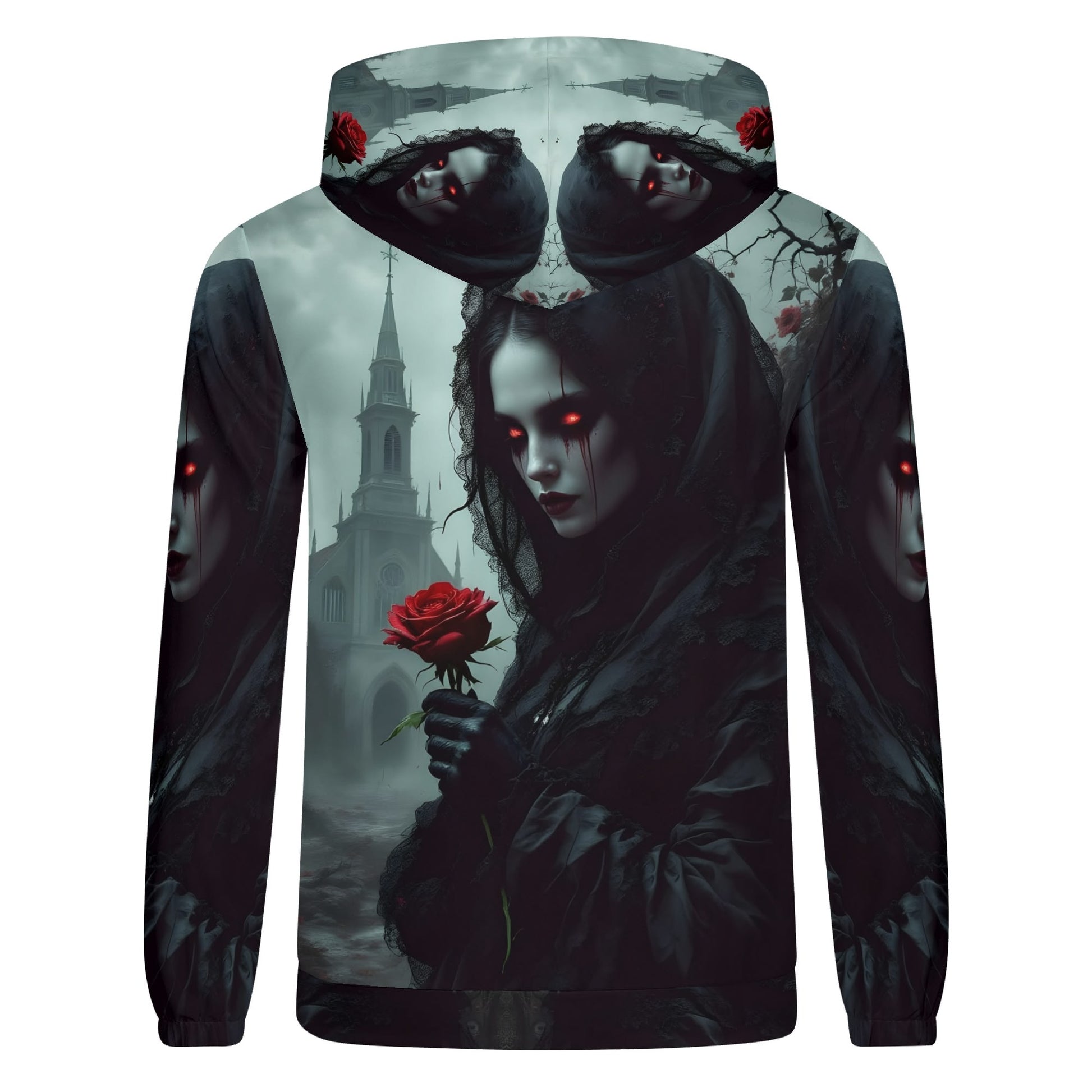 Loud and Lethal Paint It Black Poly French Terry hoodie with dark gothic design featuring a woman holding a red rose