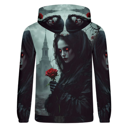 Loud and Lethal Paint It Black Poly French Terry hoodie with dark gothic design featuring a woman holding a red rose