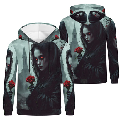 Paint It Black Poly French Terry hoodie by Loud and Lethal featuring dark gothic artwork with glowing red eyes and red roses
