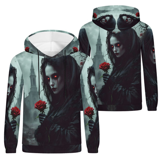 Paint It Black Poly French Terry hoodie by Loud and Lethal featuring dark gothic artwork with glowing red eyes and red roses