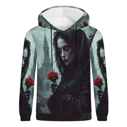 Loud and Lethal Paint It Black Poly French Terry hoodie with dark gothic design and red glowing eyes holding a red rose