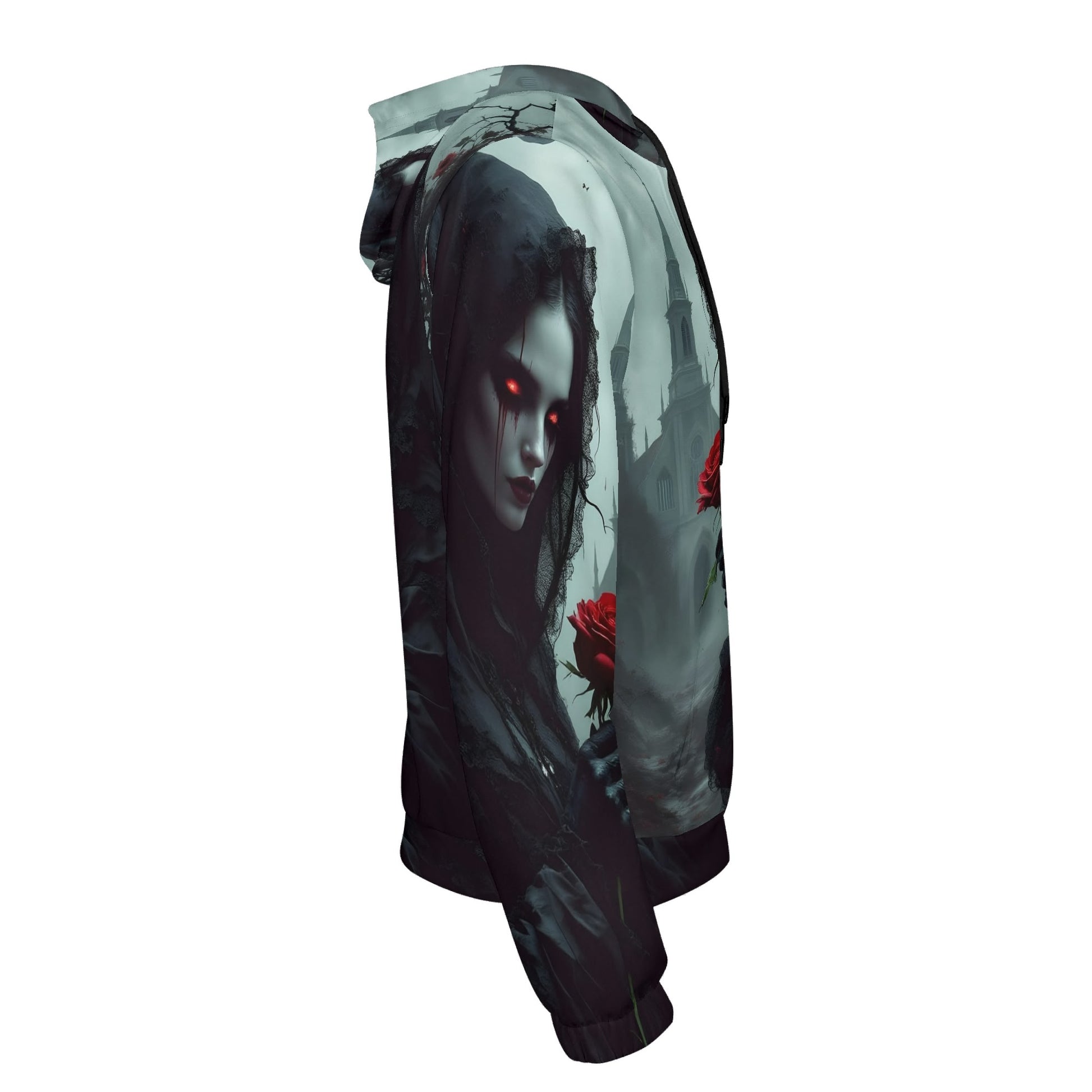 Side view of Loud and Lethal Paint It Black Poly French Terry hoodie featuring dark gothic art with red glowing eyes and red roses