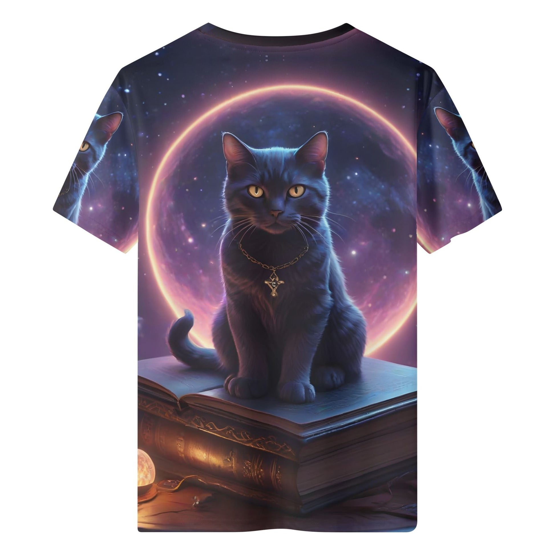 Paws and Prophecy Organic Cotton Kids T-Shirt featuring a mystical cat with glowing eyes and cosmic background