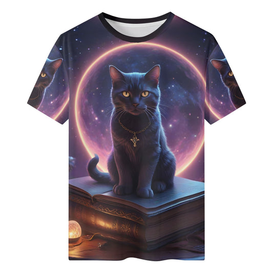 Paws and Prophecy Organic Cotton Kids T-Shirt with mystical black cat sitting on a book under a glowing moon