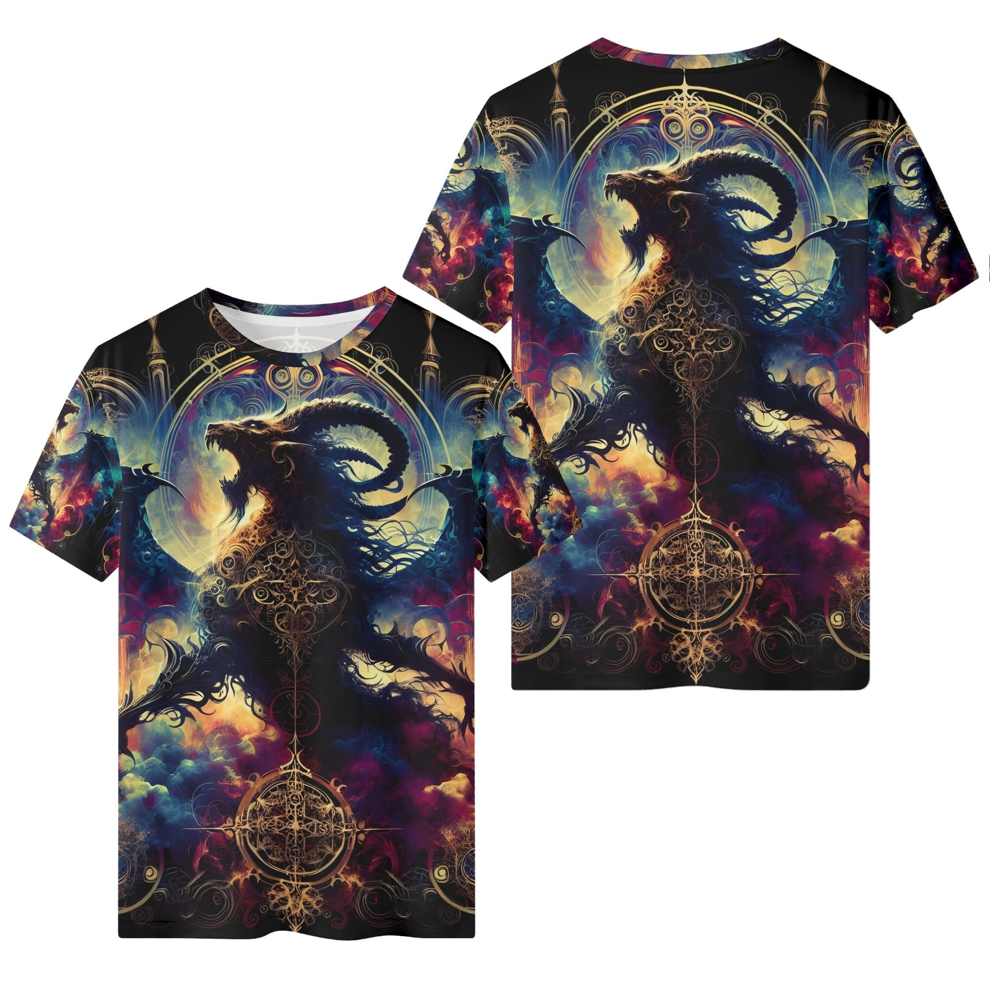 Phantom Blaze 100 Cotton T-Shirt by Loud and Lethal featuring dark fantasy ram and raven design on front and back