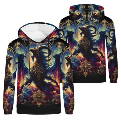 Phantom Blaze Cotton Terry hoodie by Loud and Lethal with fiery ram and mystical design in vibrant colors