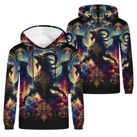 Phantom Blaze Cotton Terry hoodie by Loud and Lethal with fiery ram and mystical design in vibrant colors
