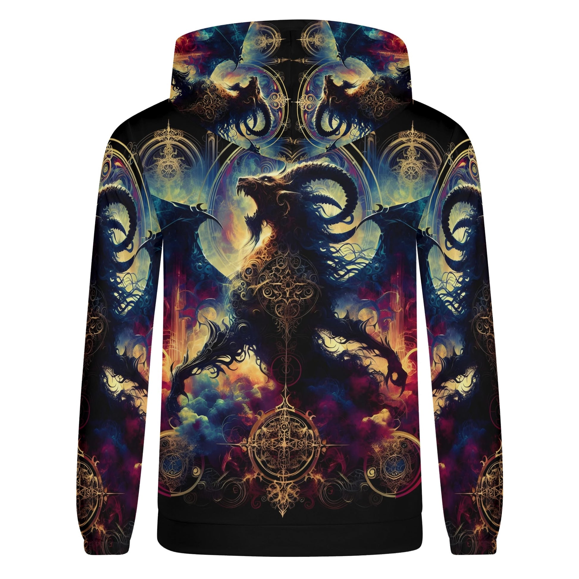 Loud and Lethal Phantom Blaze Poly French Terry hoodie with dark fantasy dragon design and intricate gold patterns