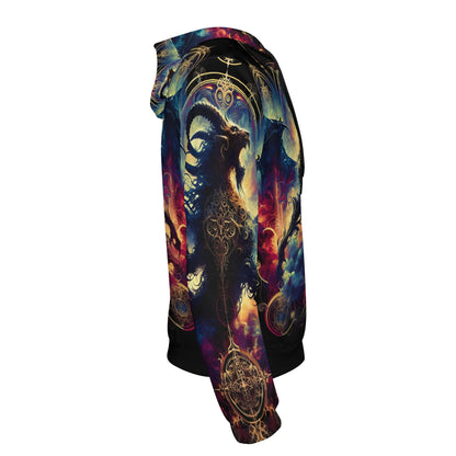 Loud and Lethal Phantom Blaze Poly French Terry hoodie with vibrant goat and celestial design in dark tones