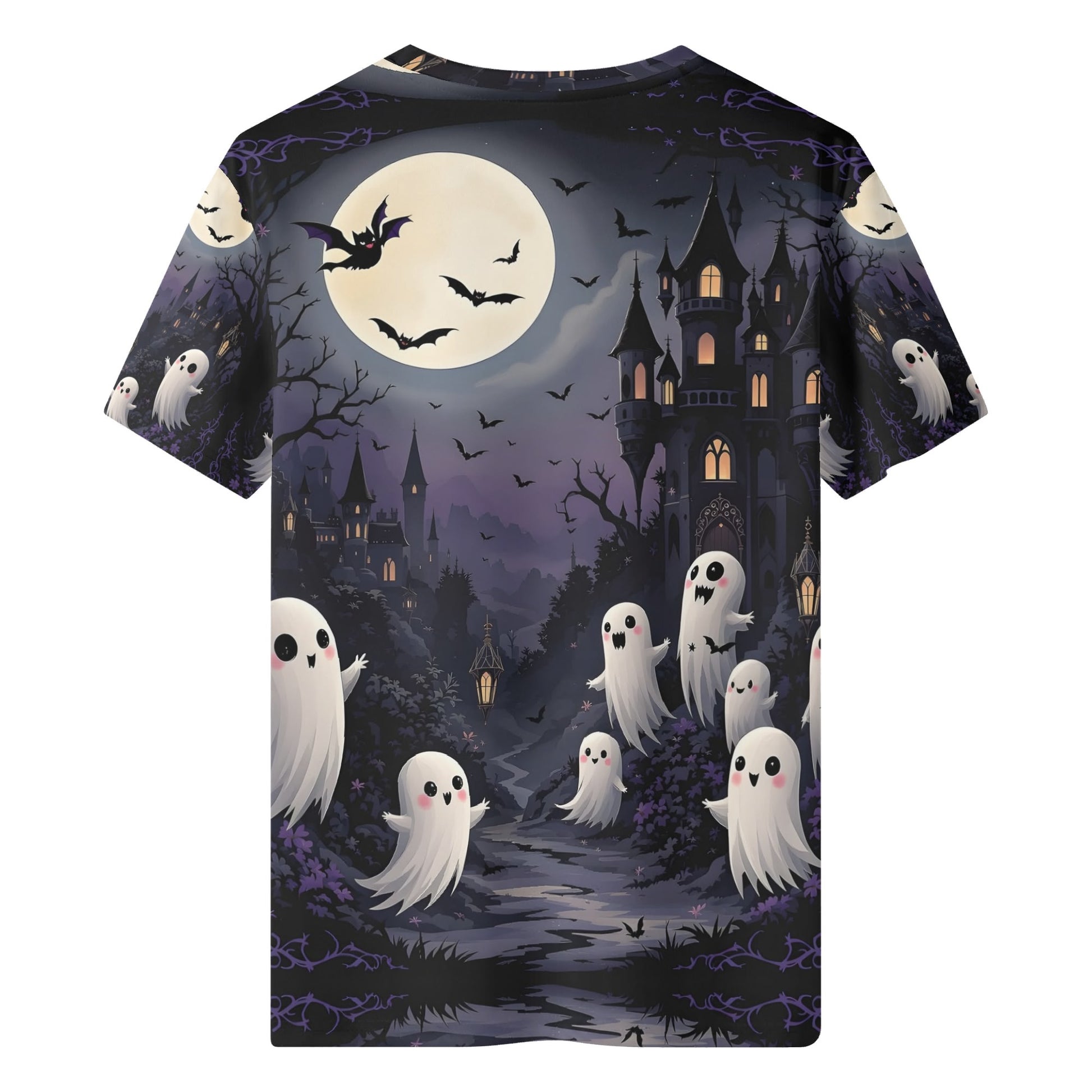 Phantom Playground Organic Cotton Kids T-Shirt with spooky ghost and haunted castle design