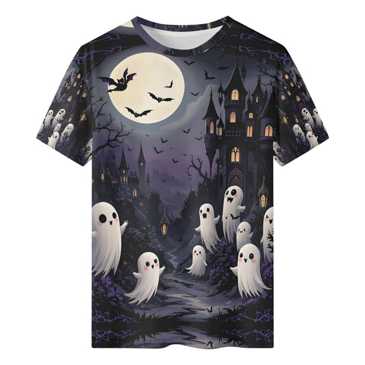 Phantom Playground Organic Cotton Kids T-Shirt with spooky ghost and haunted castle Halloween design
