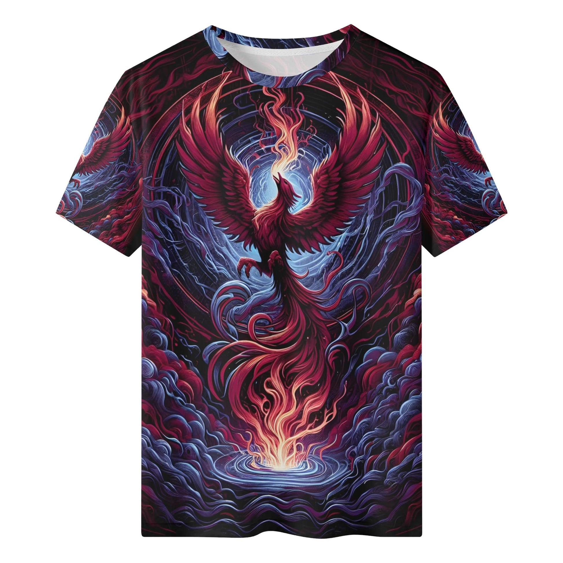 Loud and Lethal Phoenix Fury 100 Cotton T-Shirt featuring a fiery phoenix rising with intricate red and blue flames