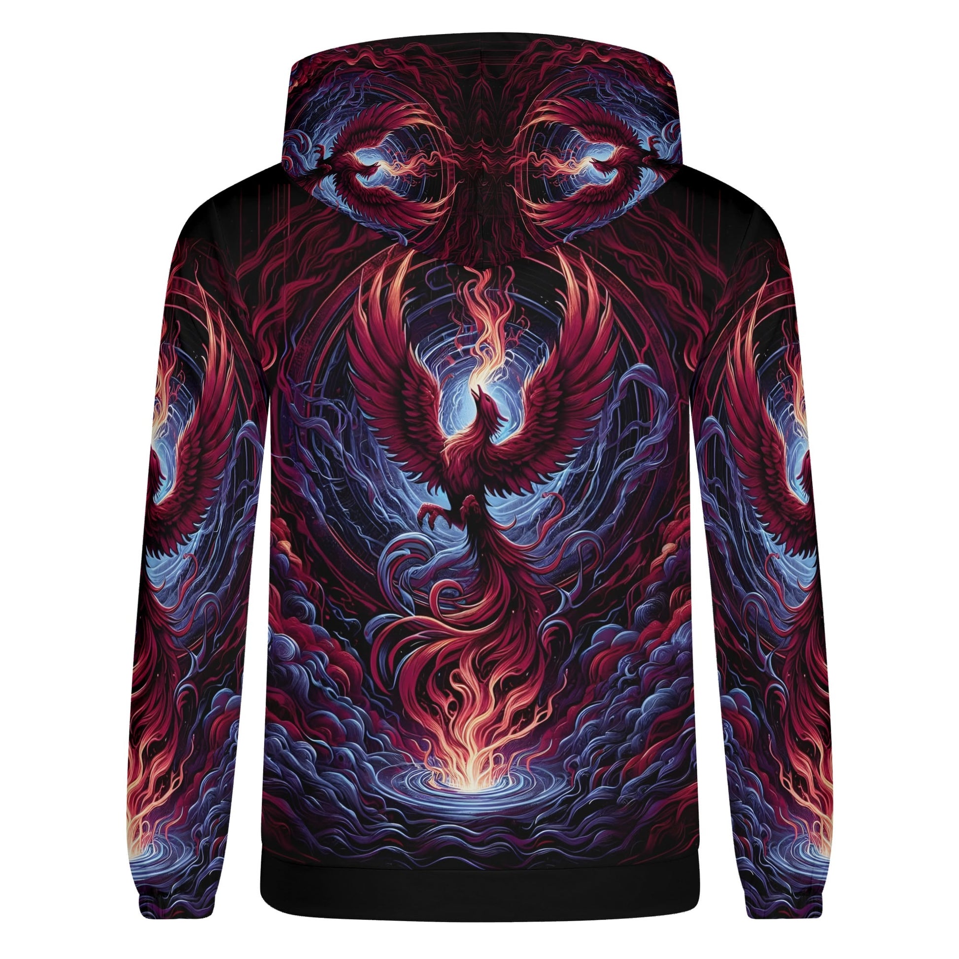 Phoenix Fury Poly French Terry hoodie by Loud and Lethal featuring vibrant phoenix and fiery design on black background