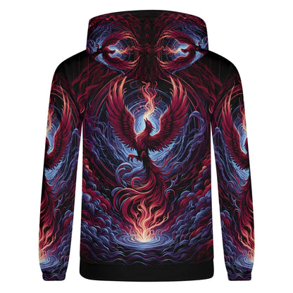 Phoenix Fury Poly French Terry hoodie by Loud and Lethal featuring vibrant phoenix and fiery design on black background