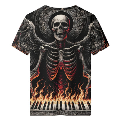 Loud and Lethal Piano of Souls 100 Cotton T-Shirt with skeleton playing piano and fiery wings design