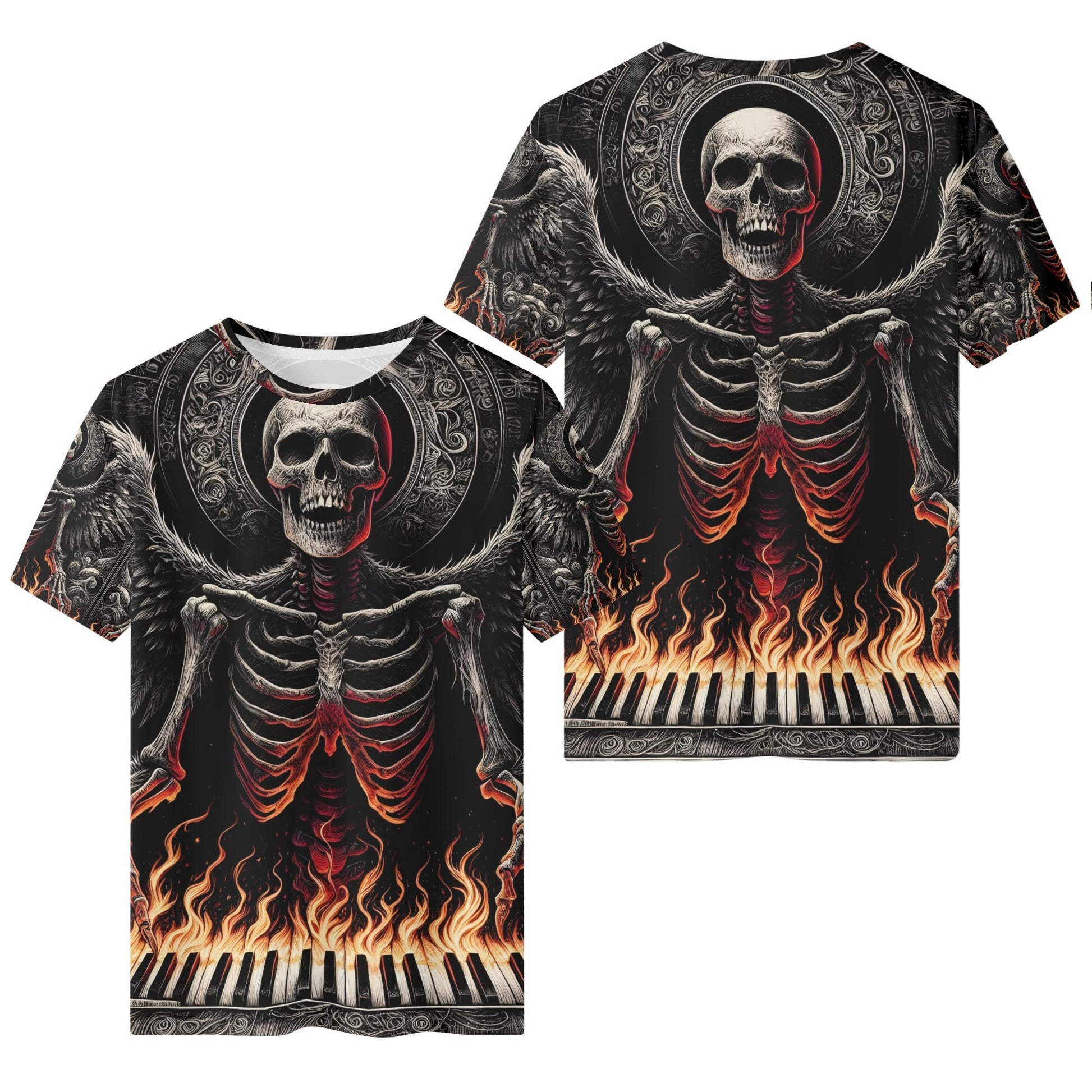 Piano of Souls 100 Cotton T-Shirt with skeleton and fiery piano keys graphic by Loud and Lethal