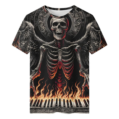 Piano of Souls 100 Cotton T-Shirt featuring skeleton angel with wings playing flaming piano by Loud and Lethal