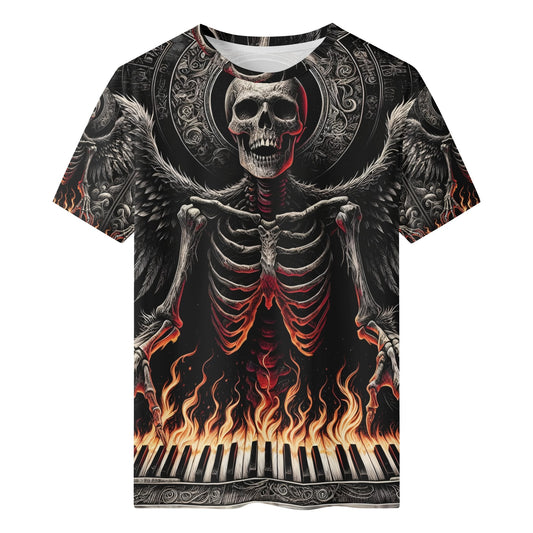 Piano of Souls 100 Cotton T-Shirt featuring skeleton angel with wings playing flaming piano by Loud and Lethal