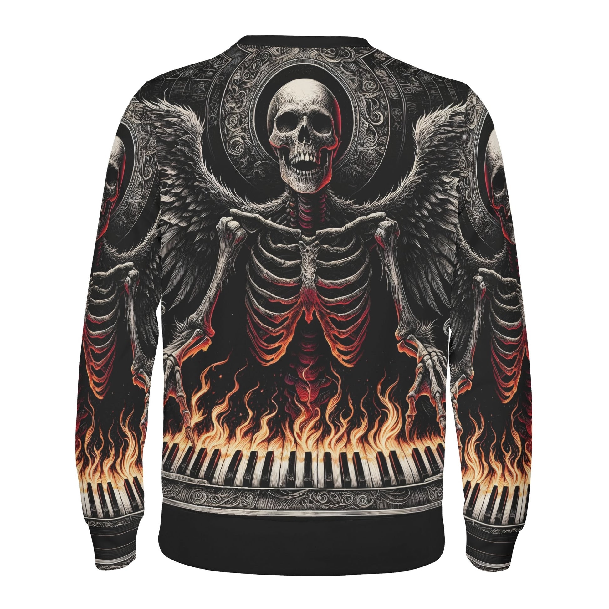 Loud and Lethal Piano of Souls Poly French Terry Sweatshirt back view with skeletal winged figure over flaming piano keys