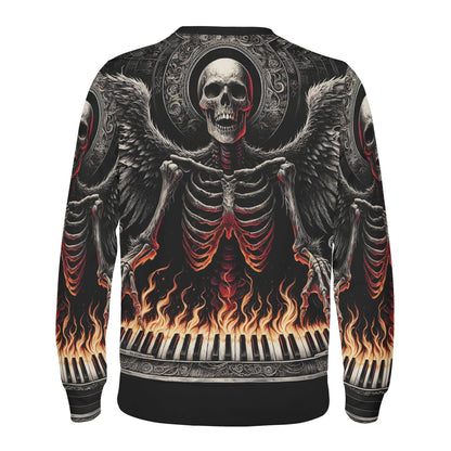 Loud and Lethal Piano of Souls Poly French Terry Sweatshirt back view with skeletal winged figure over flaming piano keys