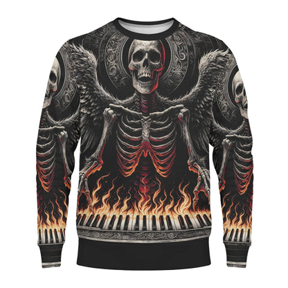 Loud and Lethal unisex sweater featuring flaming piano keys and skeletal winged figure Piano of Souls Poly French Terry Sweatshirt