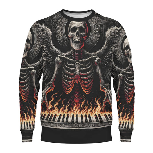 Loud and Lethal unisex sweater featuring flaming piano keys and skeletal winged figure Piano of Souls Poly French Terry Sweatshirt