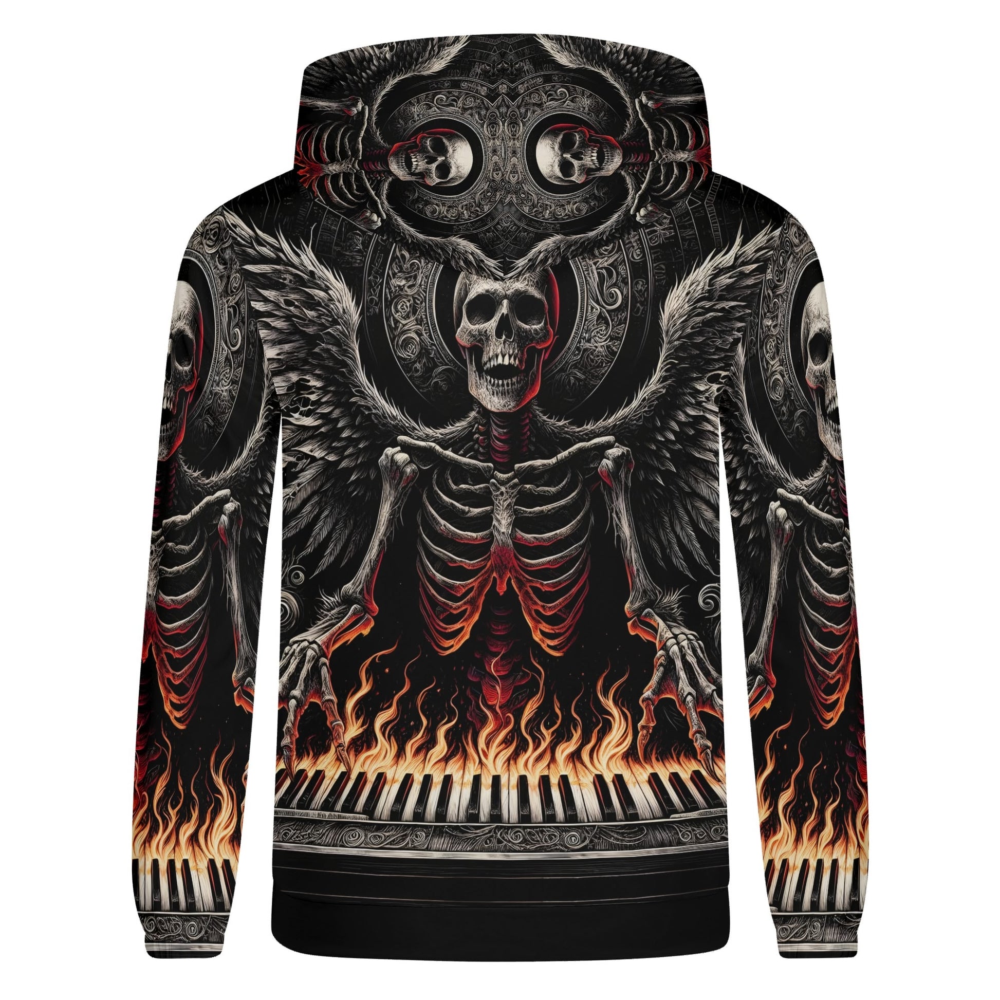 Loud and Lethal Piano of Souls Poly French Terry Hoodie with flaming keyboard and winged skeleton design